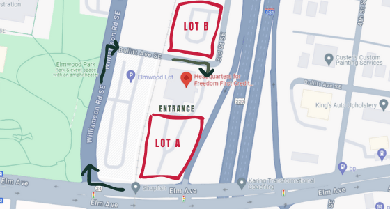 Aerial map showing how to access Freedom First headquarters building