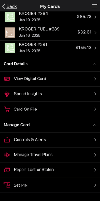 Screen shot of card controls menu