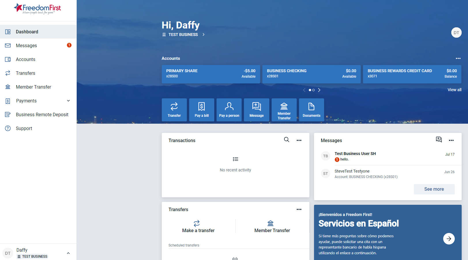 Screen capture of Business Online Banking dashboard