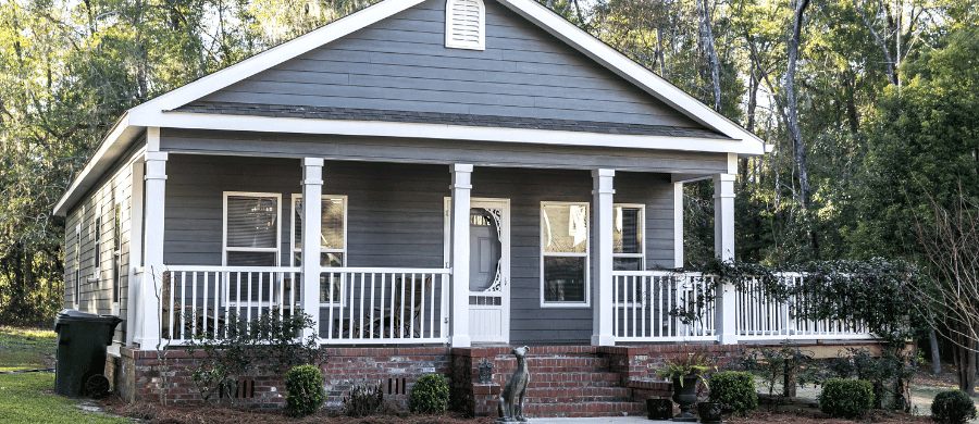 One-story blue pre-built home