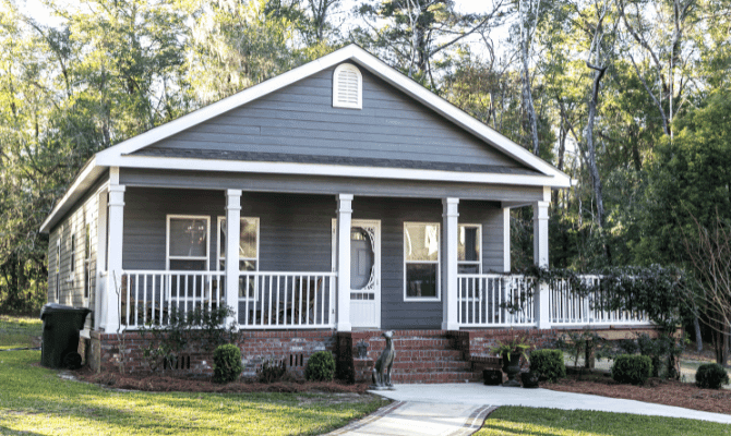 One-story blue pre-built home