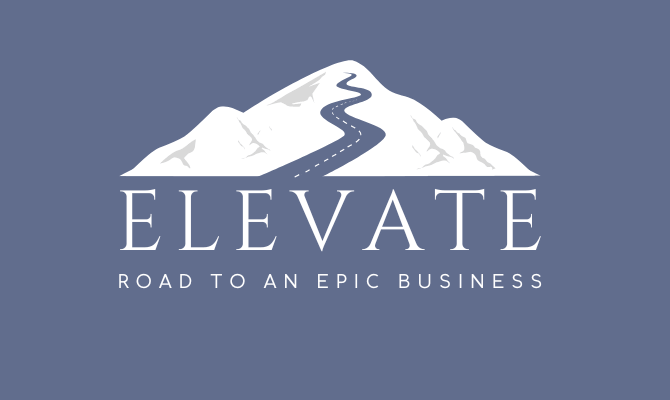 Graphic of mountain with text "elevate: road to an epic business"